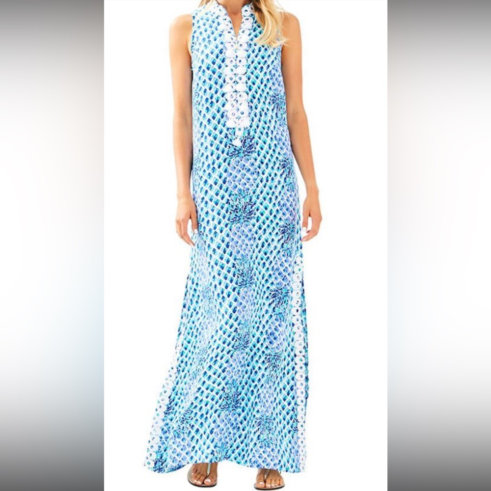 Lilly Pulitzer Jane Maxi Dress Sz 0, Blue and White Pineapple Toe In